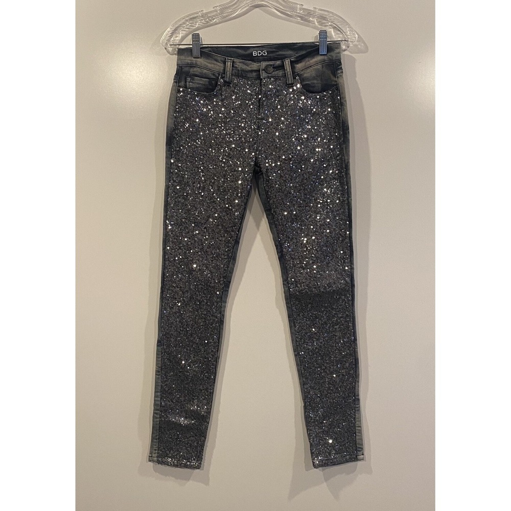 BDG Mid Rise Twig Ankle Jeans Silver Sequin Acid Wash Skinny Denim 26W 29L - Picture 5 of 11